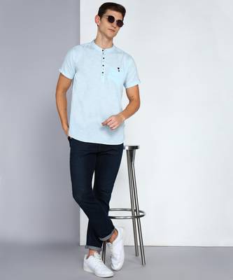 men's powder blue linen cotton half sleeve  short kurta 4