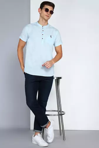 men's powder blue linen cotton half sleeve  short kurta