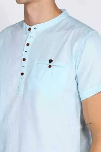 men's powder blue linen cotton half sleeve  short kurta