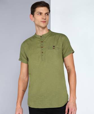 men's olive linen cotton half sleeve  short kurta 1