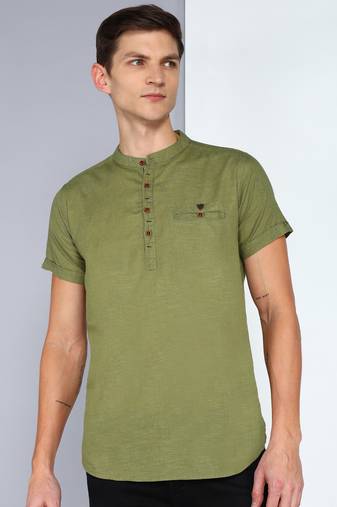 men's olive linen cotton half sleeve  short kurta