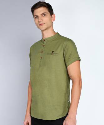 men's olive linen cotton half sleeve  short kurta 3