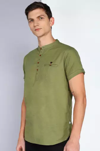 men's olive linen cotton half sleeve  short kurta