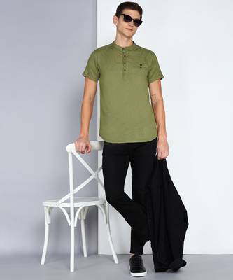 men's olive linen cotton half sleeve  short kurta 4