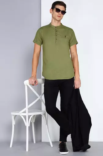 men's olive linen cotton half sleeve  short kurta
