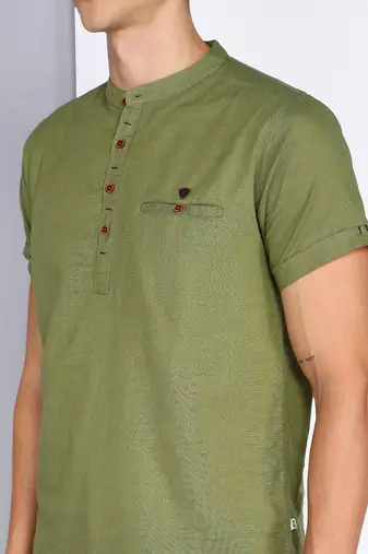 men's olive linen cotton half sleeve  short kurta