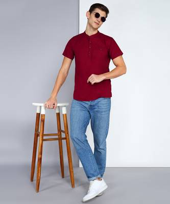 men's maroon linen cotton half sleeve  short kurta 4
