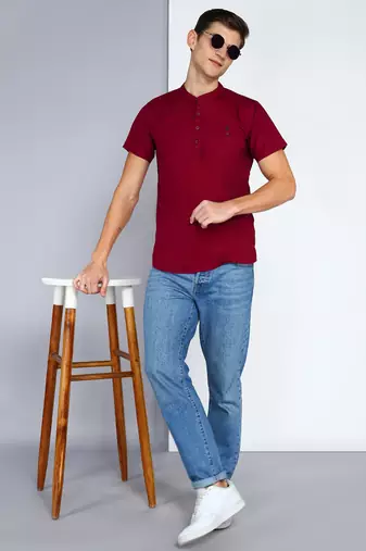 men's maroon linen cotton half sleeve  short kurta