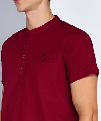 men's maroon linen cotton half sleeve  short kurta 5