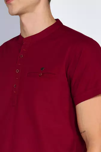 men's maroon linen cotton half sleeve  short kurta