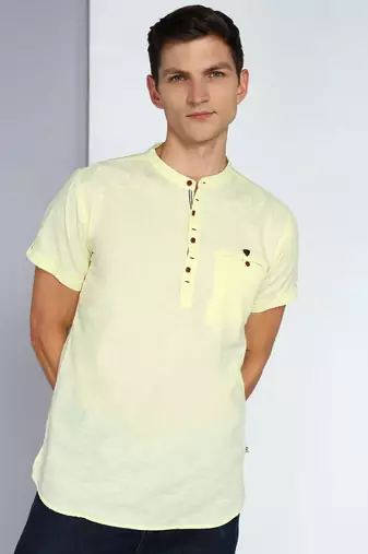 men's yellow linen cotton half sleeve  short kurta