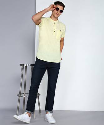 men's yellow linen cotton half sleeve  short kurta 1