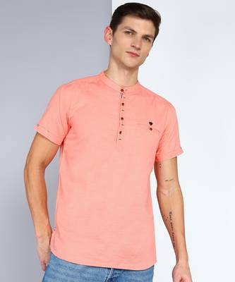 men's peach linen cotton half sleeve  short kurta 1