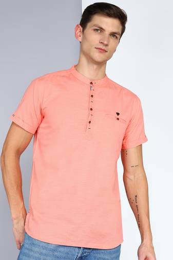 men's peach linen cotton half sleeve  short kurta