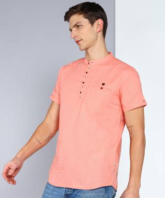 men's peach linen cotton half sleeve  short kurta 3
