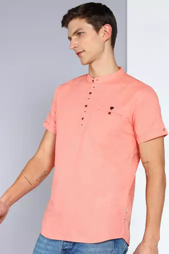 men's peach linen cotton half sleeve  short kurta