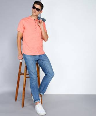 men's peach linen cotton half sleeve  short kurta 4