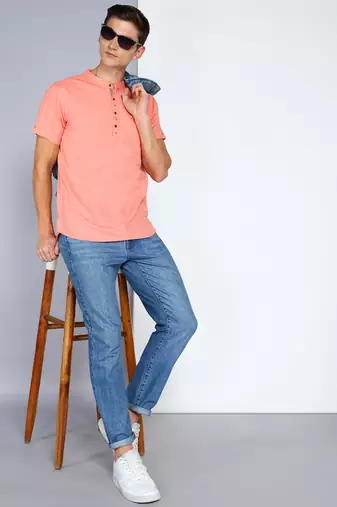 men's peach linen cotton half sleeve  short kurta
