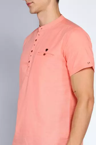 men's peach linen cotton half sleeve  short kurta