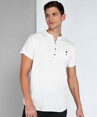 men's white linen cotton half sleeve  short kurta 1