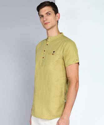 men's khaki linen cotton half sleeve  short kurta 3