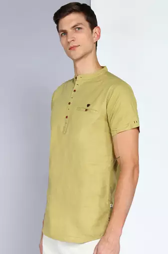 men's khaki linen cotton half sleeve  short kurta