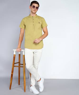 men's khaki linen cotton half sleeve  short kurta 4