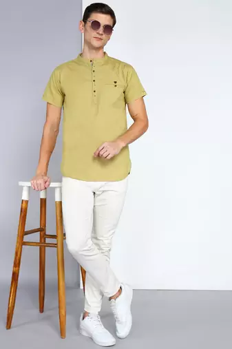 men's khaki linen cotton half sleeve  short kurta