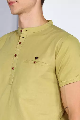 men's khaki linen cotton half sleeve  short kurta