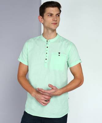 men's rama green linen cotton half sleeve  short kurta 1