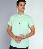 men's rama green linen cotton half sleeve  short kurta