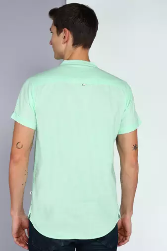 men's rama green linen cotton half sleeve  short kurta