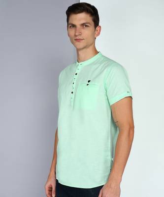 men's rama green linen cotton half sleeve  short kurta 3