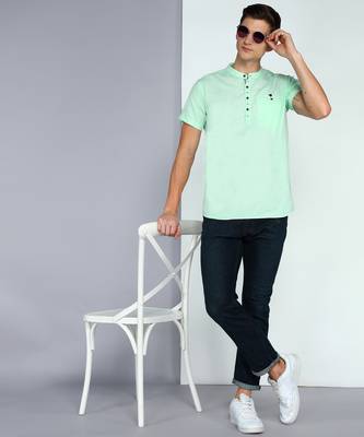 men's rama green linen cotton half sleeve  short kurta 4