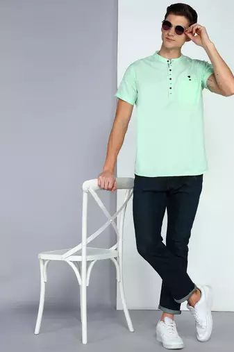 men's rama green linen cotton half sleeve  short kurta