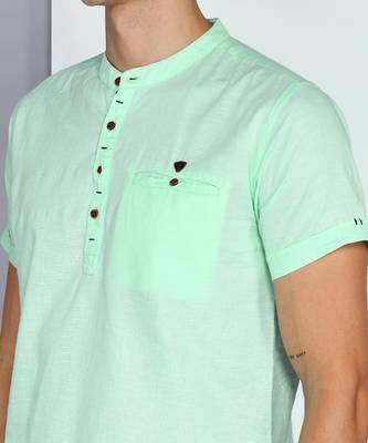 men's rama green linen cotton half sleeve  short kurta 5