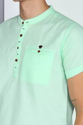 men's rama green linen cotton half sleeve  short kurta