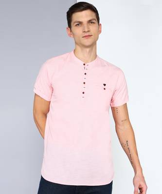 men's baby pink linen cotton half sleeve  short kurta 1