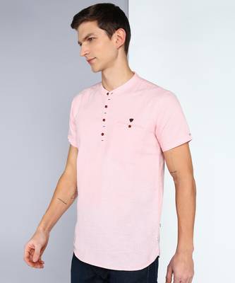 men's baby pink linen cotton half sleeve  short kurta 3