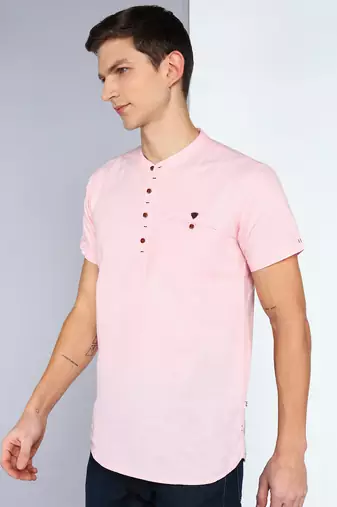 men's baby pink linen cotton half sleeve  short kurta