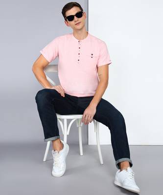 men's baby pink linen cotton half sleeve  short kurta 4