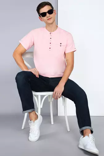 men's baby pink linen cotton half sleeve  short kurta