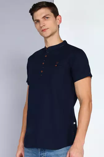 men's dark indigo linen cotton half sleeve  short kurta