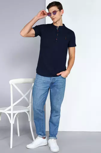 men's dark indigo linen cotton half sleeve  short kurta