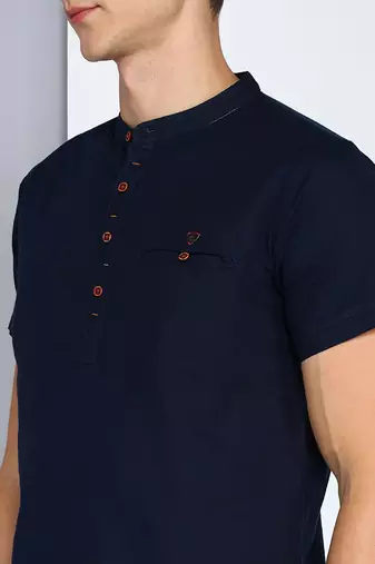 men's dark indigo linen cotton half sleeve  short kurta