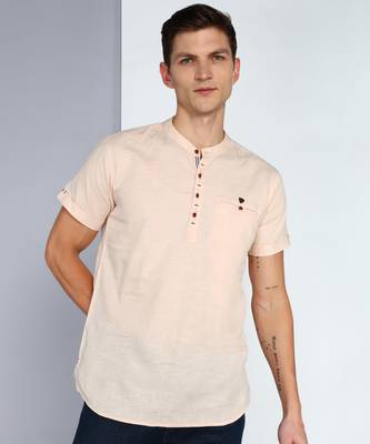 men's beige linen cotton half sleeve  short kurta 1