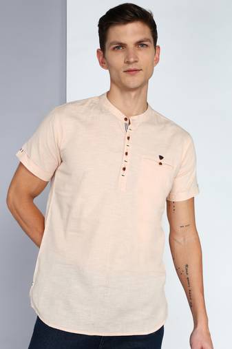 men's beige linen cotton half sleeve  short kurta