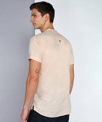men's beige linen cotton half sleeve  short kurta 2