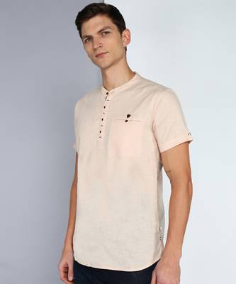 men's beige linen cotton half sleeve  short kurta 3