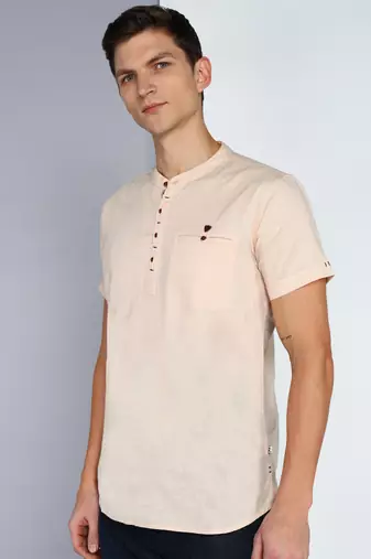 men's beige linen cotton half sleeve  short kurta
